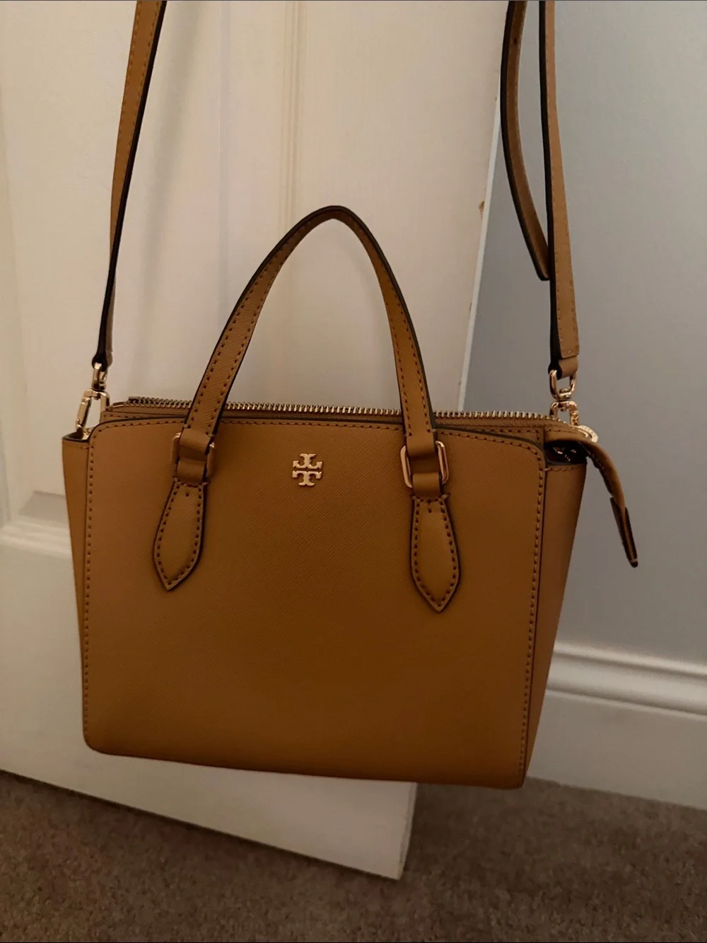 Tory Burch Mustard Pebbled Leather Mini Satchel with Gold Logo